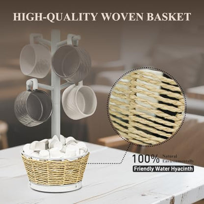 Wood Mug Holder Tree with Woven Basket, 4 Hooks Coffee Mug Holder, Countertop Mug Tree for Kitchen Counter Cabinet Coffee Bar Accessories Cup Display Organizer Hanger(White) - color: White