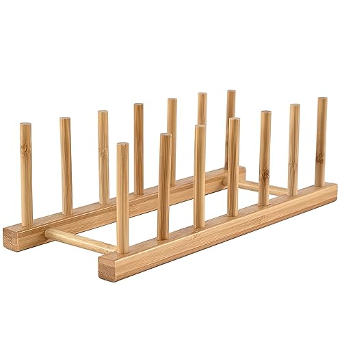 INNERNEED Bamboo Wooden Dish Rack, Vertical Plate & Lid Organizer | for Kitchen Cabinet or Countertop, Drying Stand for Dishes, Cutting Boards - size: Pack of 1