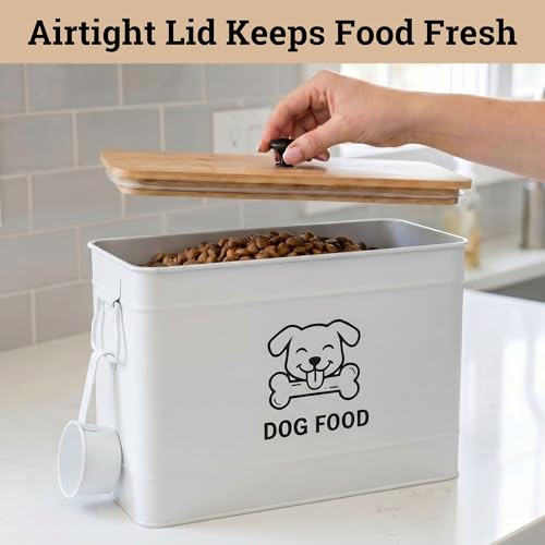 Dog Food Container Airtight 15 lb (50 Cup) Capacity with Metal Scoop - Cute Airtight Dog Food Storage Container with Bamboo Lid - White Metal Kibble Storage Bin for Dogs up to 100 lbs - Big Pet Jar - color: White