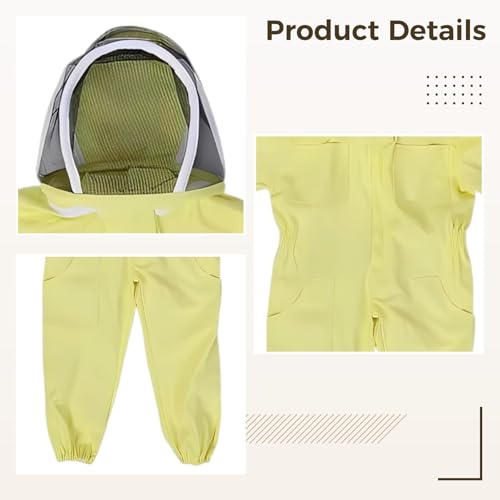 Junior Beekeeping Suit with Ventilated Hood, Full Body Protection, Yellow L, Cotton Polyester Blend