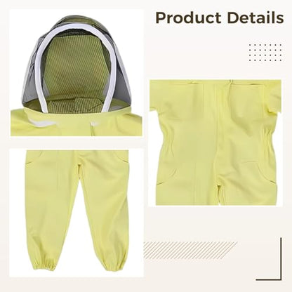 Junior Beekeeping Suit with Ventilated Hood, Full Body Protection, Yellow L, Cotton Polyester Blend