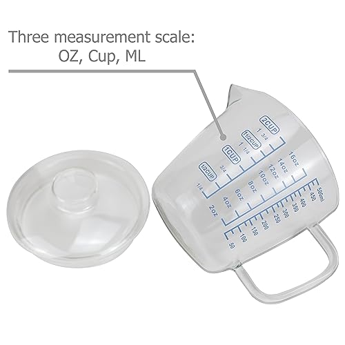EIKS Glass Measuring Cup with Lid, Easy Grip Handle and V-Shaped Spout, Three Measurement Scale(OZ, Cup, ML), Coffee Milk Frothing Pitcher Latte Maker in Kitchen Restaurant (500ML)