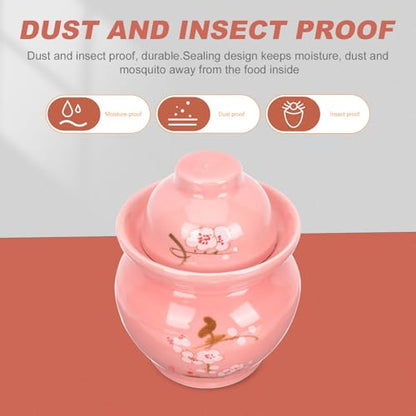 KICHOUSE Ceramic Pickle Jar with Double Lid Traditional Chinese Porcelain Fermentation Crock Red Plum Blossom Pattern Food Storage Container for Kitchen and Sauerkraut