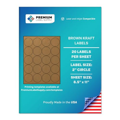 Premium Label Supply Brown Kraft Sticker Round Labels – 2" Circle – Laser/Inkjet Compatible – (20 per Sheet), 25 Sheets – 500 Total Adhesive Labels - size: 500 Labels