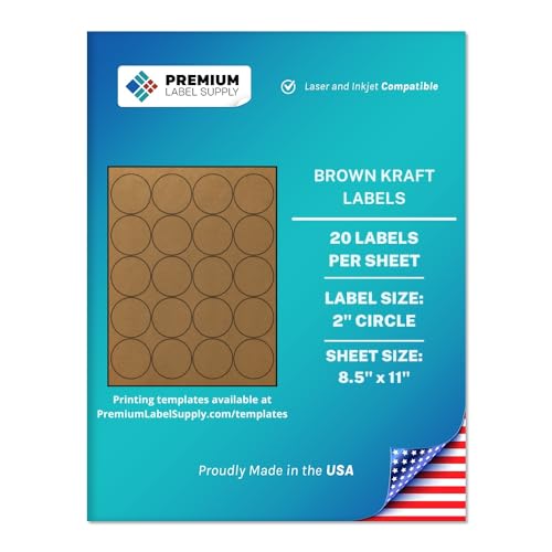 Premium Label Supply Brown Kraft Sticker Round Labels – 2" Circle – Laser/Inkjet Compatible – (20 per Sheet), 25 Sheets – 500 Total Adhesive Labels - size: 500 Labels