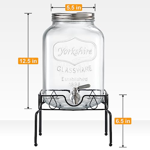 2 Gallon Glass Beverage Dispenser with Stand and Lid, 18/8 Stainless Steel Spigot - Glass Drink Dispensers for Parties - Mason Jar Drink Dispensers with Lids - size: 2 Gallon With Stand