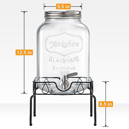 2 Gallon Glass Beverage Dispenser with Stand and Lid, 18/8 Stainless Steel Spigot - Glass Drink Dispensers for Parties - Mason Jar Drink Dispensers with Lids - size: 2 Gallon With Stand