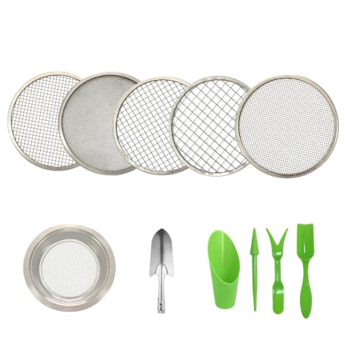 Stainless Steel Soil Sieve Set – 5 Interchangeable Mesh Screens (1/3/6/9/12mm) with Bonsai Scoop & Stainless Steel Trowel, Potting, and Seed Starting and 4-Piece Plastic Bonsai Scoop