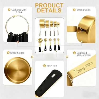 Bopei Measuring Cups and Spoons Set, Gold Electroplated Stainless Steel 10 Piece for Cooking and Baking (5 Cups + 5 Spoons Gold) - color: Gold