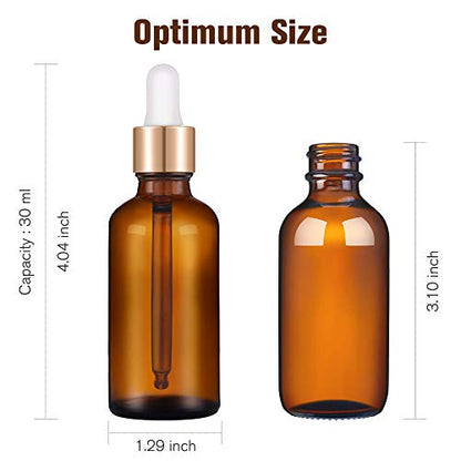 PrettyCare Glass Eye Dropper Bottles 99 Pack, 1oz (30ml) Amber Empty Thick Bottles Bulk with Leakproof Golden Caps - With Labels & Funnels for for Storage, Travel,Essential Oils, DIY Serums - color: 1oz Amber, style: 99 Pack