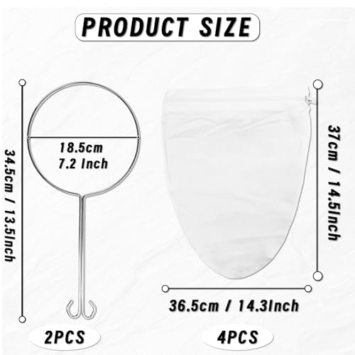 4 Pcs Ultra Fine Mesh Strainer Bags with 2 Pcs Stainless Steel Handle Frame, Reusable Mesh Filter Bag for Filter Juice Nut Milk Coffee Oil and Soup