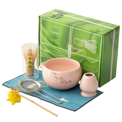 Matcha whisk 7-piece set,Pink Matcha Set， matcha bowl with nozzle, matcha whisk stand, spoon, stainless steel sieve, cloth mat, spoon stand, is a home kitchen decoration gift (pink)