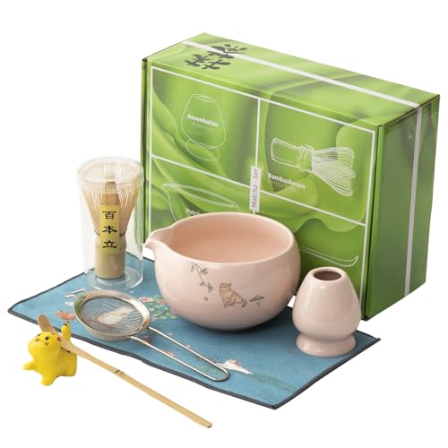 Matcha whisk 7-piece set,Pink Matcha Set， matcha bowl with nozzle, matcha whisk stand, spoon, stainless steel sieve, cloth mat, spoon stand, is a home kitchen decoration gift (pink)