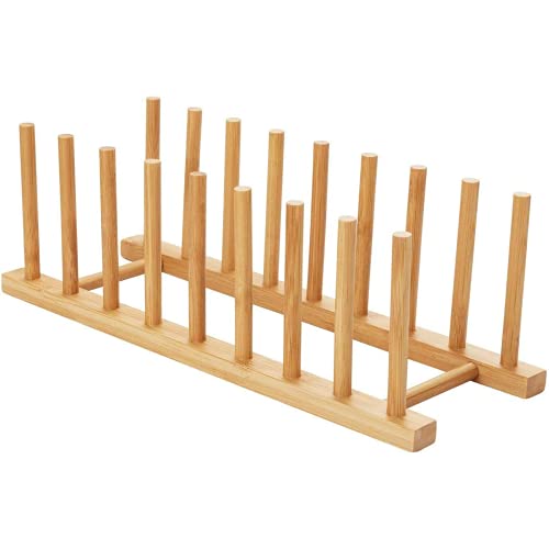 HBlife Bamboo Dish Plate Bowl Cup Book Pot Lid Cutting Board Drying Rack Stand Drainer Storage Holder Organizer Kitchen Cabinet（Keep Dry） - color: Bamboo 8 Slots 1pcs