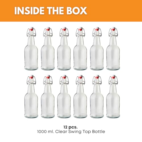 FastRack Swing Top Glass Bottles |33 oz – Pack of 12 | Clear Flip Top Glass Bottles for Home Brewing, Carbonated Drinks, Kombucha, Fermentation, Water | Food Grade – ECO Friendly - color: Clear
