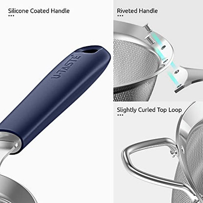 18/8 Stainless Steel Mesh Strainer: U-Taste 5.5 Inch Kitchen Fine Mesh Sieve Food Colander with Riveted Sturdy Silicone Handle and 30 Mesh Hole for Straining Flour, Pasta, Fruit, Quinoa(Midnight Blue) - color: (3) Midnight Blue, size: Medium (5.5 x 13 in)