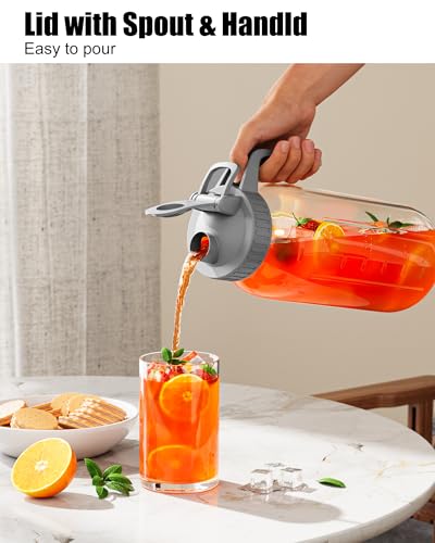 OneDream 64oz Mason Jar Pitcher, Airtight & Leakproof Glass Pitcher with Lid, Perfect for Sun Tea, Iced Tea, Cold Brew and Breastmilk, 2 Quart (1/2 Gallon) Mason Jar with Pour Spout Lid and Handle - color: Gray, size: 64 Ounces