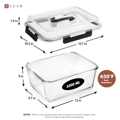 Razab 6500ml / 220 Oz / 28 Cups Extra Large Glass Food Storage Containers with Lids - Leakproof Glass Meal Prep Containers with Locking Lids for Roasting & Storing Leftover - Microwave & Oven Safe - color: Black
