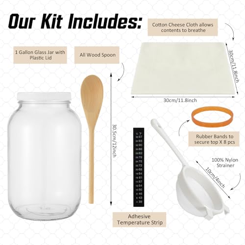 Honeydak 8 Pcs Complete Kefir Starter Kit Kombucha Fermenter Kit Gallon 128oz Mason Jar Wide Mouth with Plastic Storage Lid Nylon Mesh Strainer Cotton Cloth Cover and Wood Spoon - color: as shown in the picture, size: 128 oz