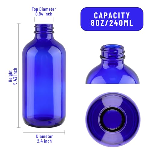PINIWON 12 Pack 8 oz Cobalt Blue Glass Bottles, 240ml Boston Round Sample Bottles with Black Poly Cone Caps, Labels and Funnels - color: Cobalt Blue-12 pack