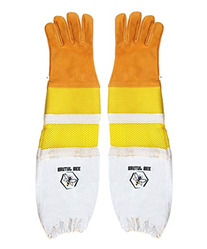 Brutul Bee Beekeeping Cowhide Leather Ventilated Gloves With Rubber & Mesh Cuff Long Protective Vented Sleeves - size: Large