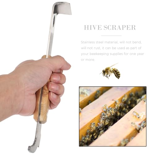 Beaupretty Multi-Functional Stainless Steel Beehive Scraper and Hive Frame Lifter with Wooden Handle, Thickened Beekeeping Cleaning Tool for Professional Hive Maintenance