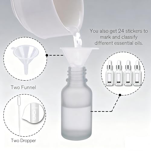 PrettyCare 24 pcs，Eye Dropper Bottle 0.5 oz（ 15 ml Frosted Glass Bottles with Silver Caps, 2 Extra Measured Pipettes, 48 Labels, 2 Funnels Empty Tincture Bottles for Essential Oils - color: 0.5oz Frosted, style: 24 Pack