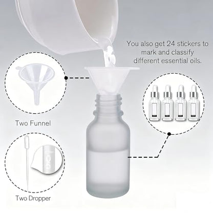 PrettyCare 24 pcs，Eye Dropper Bottle 0.5 oz（ 15 ml Frosted Glass Bottles with Silver Caps, 2 Extra Measured Pipettes, 48 Labels, 2 Funnels Empty Tincture Bottles for Essential Oils - color: 0.5oz Frosted, style: 24 Pack