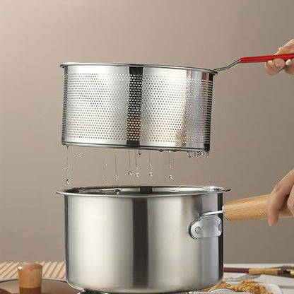 Pasta Strainer Set of 2, Stainless Steel Noodle Strainer, One with a Removable Handle, One without a Handle; Metal Pasta Strainer for Washing, Draining, Deep-frying, Boiling, and Steaming