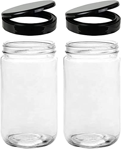 Jarming Collections 32oz Extra Wide Mouth Glass Storage Jar with BPA-Free Plastic Lid – Quart Size Airtight Mason Jar for Kitchen, Pantry, and Food Storage (Set of 2) - color: 2 Black Flip Plastic Lids