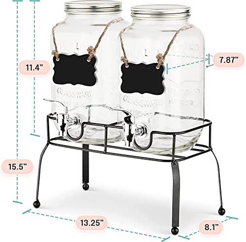 Estilo Glass Drink Dispenser for Parties - Set of 2-1 Gallon Halloween Drink Dispenser with Stand, Glass Water Dispenser Countertop for Weddings, Sun Tea Jar, Lemonade & Laundry Detergent Dispenser - style: Double w/ Stand & Labels
