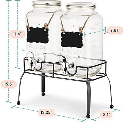 Estilo Glass Drink Dispenser for Parties - Set of 2-1 Gallon Halloween Drink Dispenser with Stand, Glass Water Dispenser Countertop for Weddings, Sun Tea Jar, Lemonade & Laundry Detergent Dispenser - style: Double w/ Stand & Labels