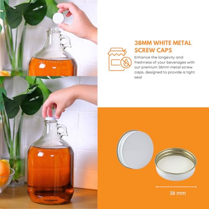 Fastrack 4-Pack 1 Gallon Glass Jug Set (128 oz) w/ White Metal Caps | Multipurpose 1 Gallon Jug, & Detergent Dispenser for Laundry, Glass Jar for Liquids, Water & Juice - style: 4pack 1 Gallon Growler