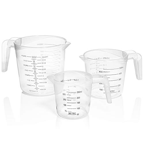 3pc Liquid Measuring Cups Set - 1 Cup, 2 Cup, 1 Quart | Clear Plastic Measure Cups with Long Handles