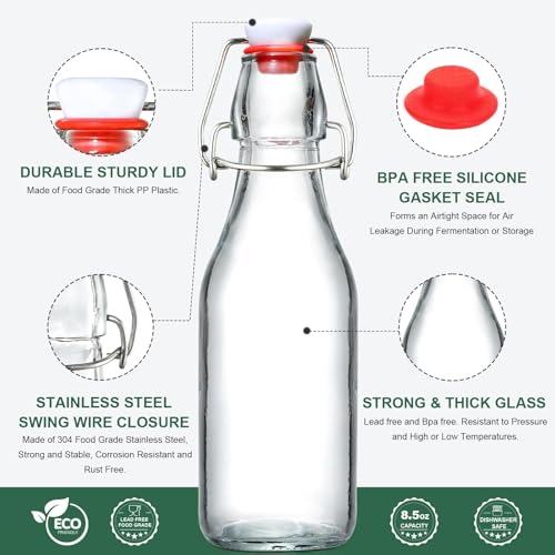 8-Pack 8.5oz Flip Top Glass Bottles, Swing Top Beer Brewing Bottle for Fermentation, Kombucha, Kefir, Vanilla Extract, Coquito, Juice, Soda, Tea - Airtight Stopper Cap Lid, Bonus 2 Bottle Pourers