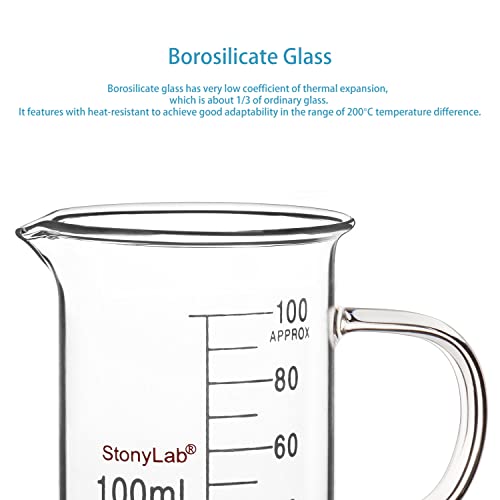 stonylab Glass Beaker with Handle, Borosilicate Glass Graduated Low Form Griffin Beaker with Handle and Pouring Spout, 100 ml (Pack of 2) - size: 100 ml (Pack of 2)