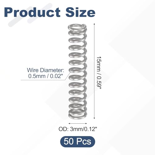 uxcell 50Pcs 304 Stainless Steel Compression Springs, 0.5mm x 3mm x 15mm Small & Tiny Pen Spring for Home Repair & DIY, Workshop & Industrial Use, (Silver Tone) - size: 3mmx15mm