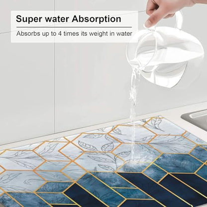 Blue Marble Texture Leaves Dish Drying Mat 18x24 For Kitchen Counter Absorbent Microfiber Dishes Pad Dish Drainer Rack Mats Fast Dry Kitchen Accessories - color: Blue Marble Texture Leaves