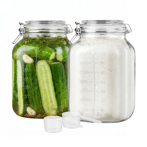 Vtopmart 2 Pack 1.1 Gallon Glass Storage Jars with Airtight Clamp Lids, 140oz Square Canisters with Wide Mouth & Measurement Marks, Large Food Containers for Flour, Sugar, Rice, Pickling & Fermenting