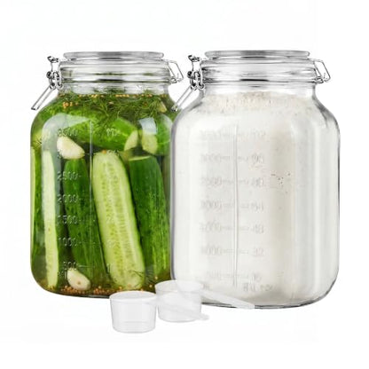 Vtopmart 2 Pack 1.1 Gallon Glass Storage Jars with Airtight Clamp Lids, 140oz Square Canisters with Wide Mouth & Measurement Marks, Large Food Containers for Flour, Sugar, Rice, Pickling & Fermenting
