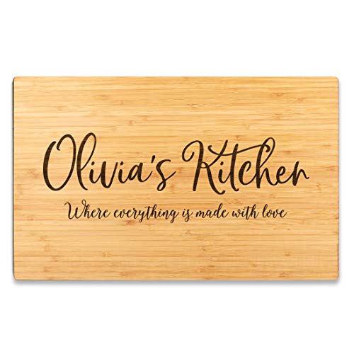 Andaz Press Personalized Large Bamboo Wood Cutting Board Gift, 17.75 x 11-inch, Rustic Laurels, Olivia's Kitchen, Where Everything is Made With Love, 1-Pack, Custom - color: Custom Name