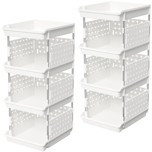 Lifewit Plastic Stackable Storage Baskets, 4 Tier Stacking Bins for Food and Clothes, Multifunctional Organizer for RV, Kitchen, Playroom, Pantry, White, 35 x 30 x 72 cm/14 x 12 x 28 inch, 2 Pack - color: White, size: 4 Tier-2 Pack