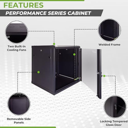 NavePoint 12U Server Cabinet Wall Mount Rack Enclosure Includes 2 Fans, Locking Glass Door, Removable Side Panels – 12U Network Cabinet 23.6” Deep, 19 Inch Server Rack for IT and A/V Equipment - size: 12U - 600mm Depth