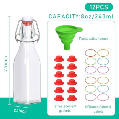 12 Pack 8oz Swing Top Glass Bottles | Flip Top Glass Bottle,Square Bottles with Airtight Stoppers for Kombucha, Kefir, Vanilla Extract, Beer - size: 8oz-12pack
