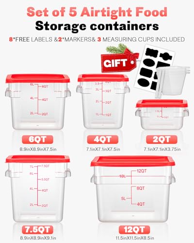 12 Quarts Sous Vide Container: 8 PCS Commercial Food Storage Containers with Lids - Clear Food Container with Scales Handles for Home Restaurant Kitchen Storage Pizza Bread N3 - color: E-12QT-RED