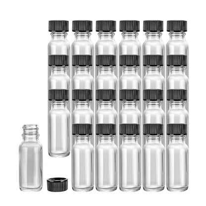 Restaurantware Vetri 0.5 Ounce Boston Glass Bottles, 48 Sample Bottles With Black Phenolic Caps - Dishwashable, Round, Clear Glass Bottle, For Potion, Juice, Ginger Shots, Whiskey, Liquids - color: Clear, size: 0.5 oz