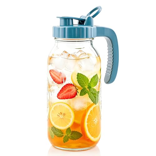 Mason Jar Pitcher 64 Oz With Pour Spout Lid Wide Mouth Glass Water Pitcher | Airtight & Leakproof Water Jug With Ergonomic Handle And Flip Cap Lid For Iced Tea Cold Brew Coffee Juice Lemonade Beverages - color: 64 OZ
