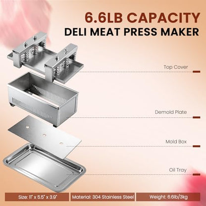 NEWTRY Tofu Press 6.6LB Capacity Deli Meat Press Tool 304 Stainless Steel for Tofu Pork Beef Bacon Homemade Deli Meat with Press Handle