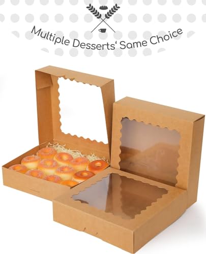 qiqee Auto-pop Up Brown Pie Boxes with Window 10x10x2.5 inch 20Packs Cookie Donut Bakery Box - color: Brown, size: 10"x10"x2.5"/20 Pcs