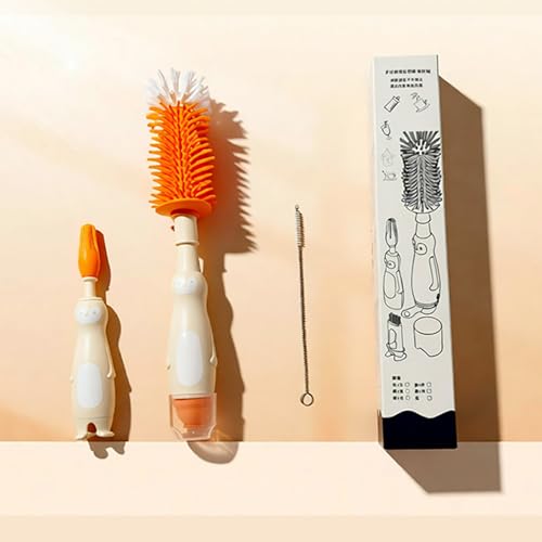 Silicone Cleaning Brush Kit with Soap-Dispensing Handle – 5-in-1 Bottle & Crevice Cleaning Brushes, Food-Grade Silicone, Rust-Free, Dishwasher Safe (Blush) - color: Orange